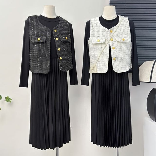Tweed Vest / Pleated A-Line Dress
