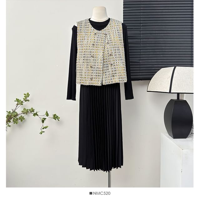 Double-Breasted Tweed Vest / Pleated A-Line Dress