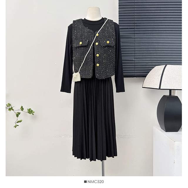 Tweed Vest / Pleated A-Line Dress