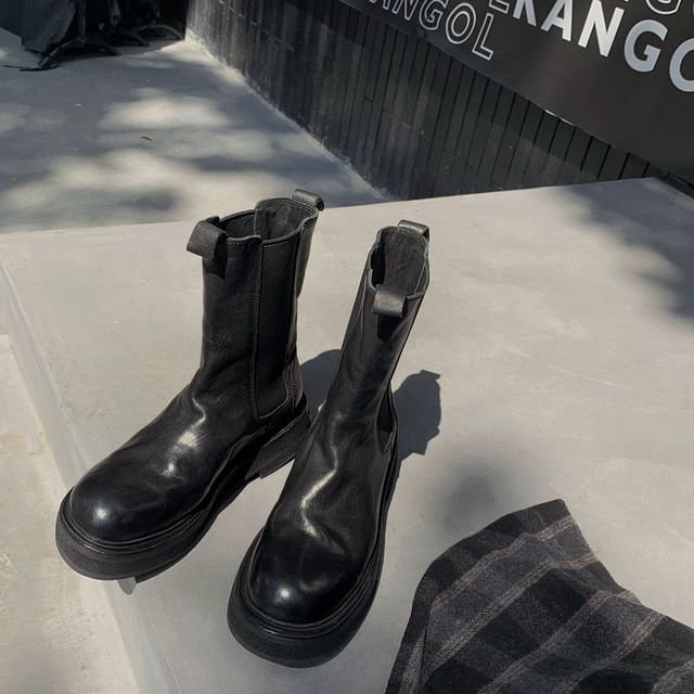 Genuine Short Leather Platform Chelsea Plain Boots