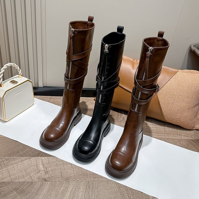 Boots Buckled Zip-Up Plain Platform Faux Leather Tall