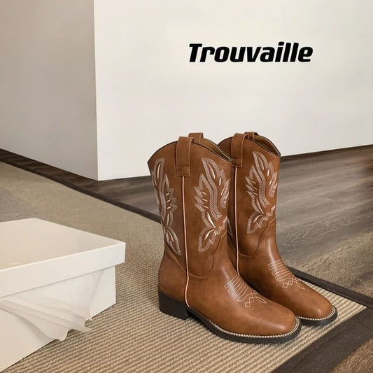 Leather Heel Faux Embroidered Boots Chunky Mid-Calf Cowboy