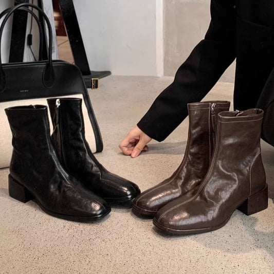 Chunky Heel Plain Zip-Up Genuine Leather Short Boots