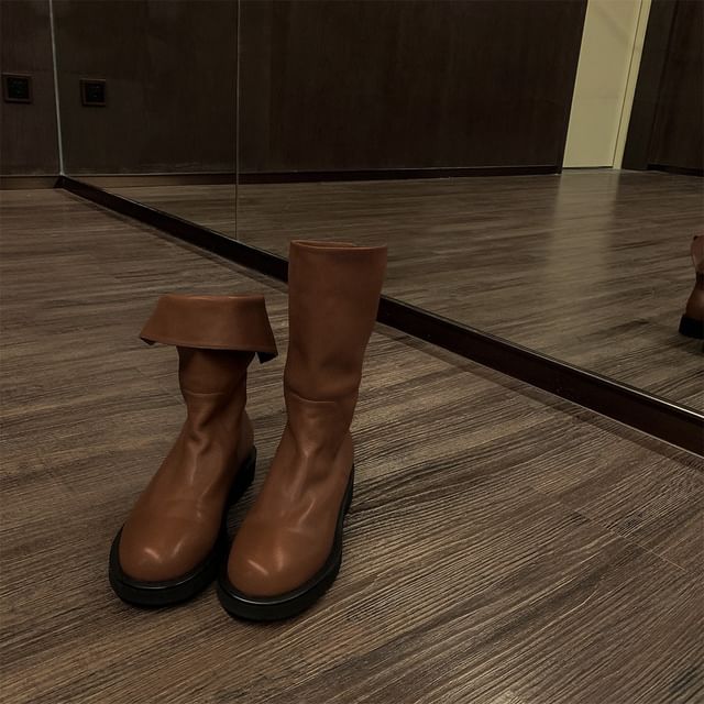 Mid-Calf Leather Boots Plain Platform Genuine