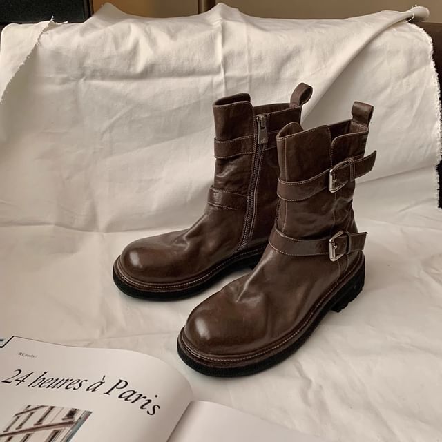 Platform Boots Genuine Leather Buckled Plain Short