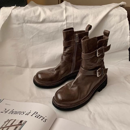 Platform Boots Genuine Leather Buckled Plain Short