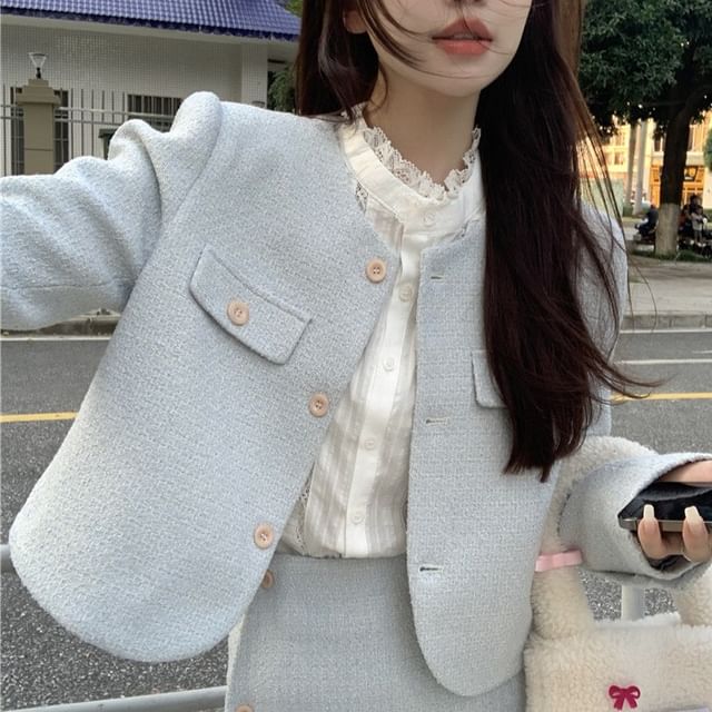 Long Sleeve Stand Collar Plain Lace Trim Blouse / Crew Neck Plain Tweed Button Jacket / High Rise Asymmetrical Mini A-Line Skirt