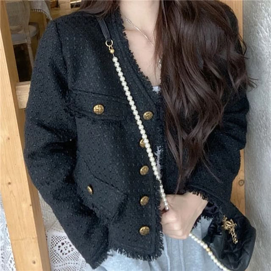 V-Neck Plain Fringed Tweed Crop Button Jacket