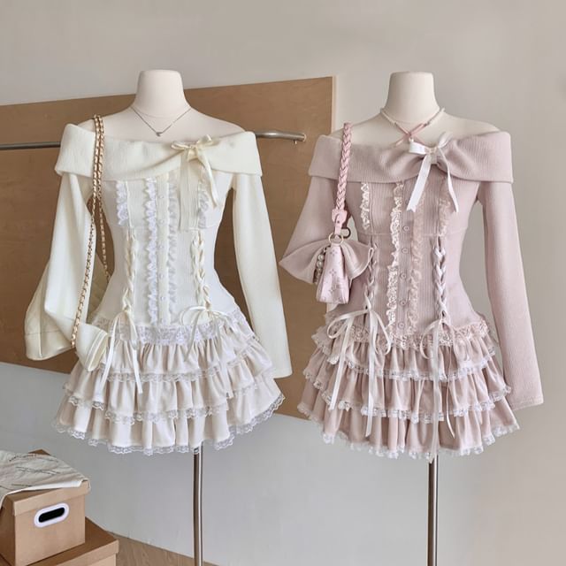 High Shoulder Plain Mini + A-Line Sleeve Skirt Bow Top Long Waist Ruffle Off Lace Tiered Set: Up