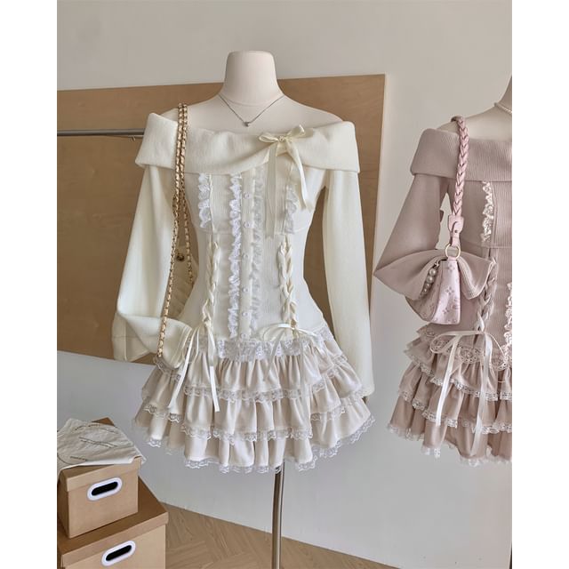 High Shoulder Plain Mini + A-Line Sleeve Skirt Bow Top Long Waist Ruffle Off Lace Tiered Set: Up