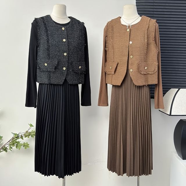 Frayed Tweed Vest / Pleated A-Line Dress