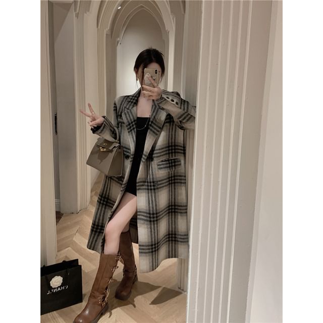 Plaid Double-Breasted Lapel Woolen Coat