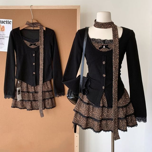 + Print Set: Skirt Plain Top Long-Sleeve V-Neck Tiered Waist High Leopard Mini Button-Up