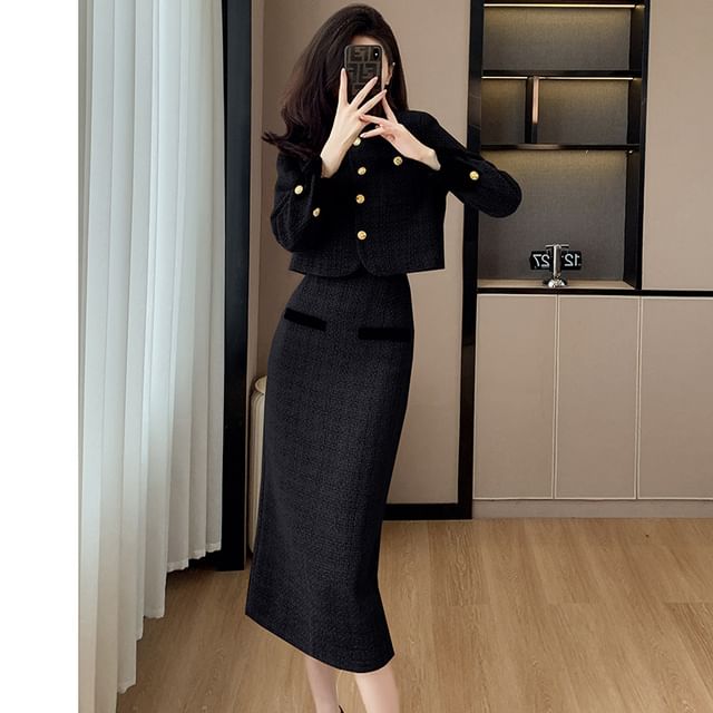 Set: Tweed Crop Button Jacket + High Waist Midi Pencil Skirt