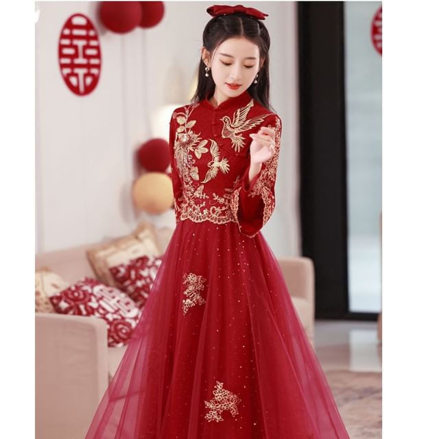Sleeve Wedding Embroidered Dress Long Cheongsam