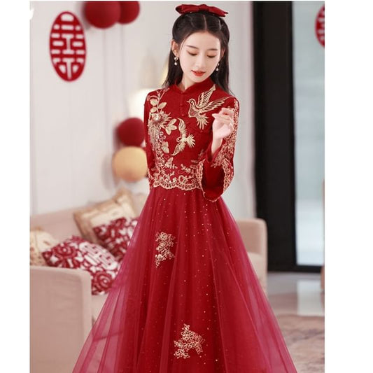 Sleeve Wedding Embroidered Dress Long Cheongsam
