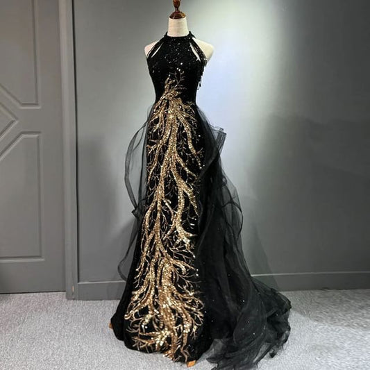 Neck Embroidered Sequined Gown Sleeveless Evening Halter Maxi