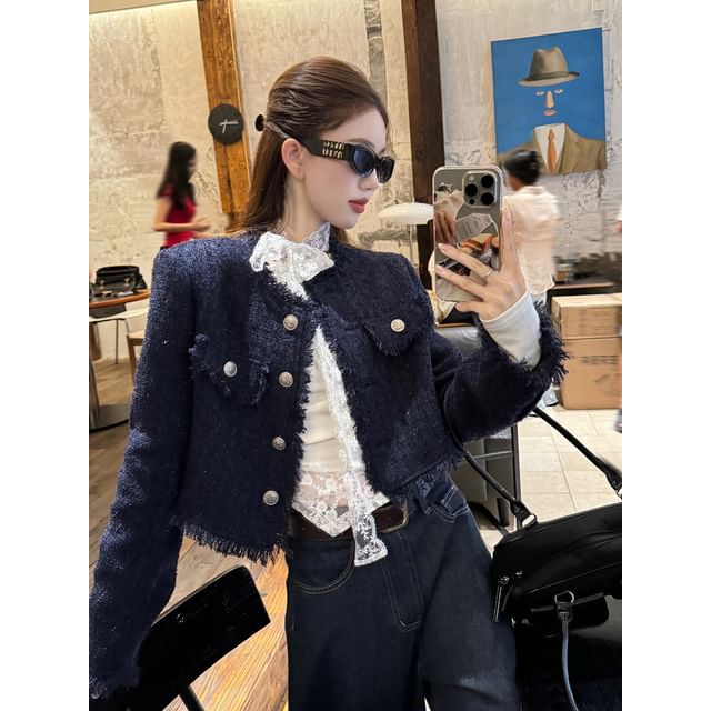 Long-Sleeve Boat Neck Lace Panel Slim Fit Tee / Tweed Button Jacket / Mid Rise Washed Wide Leg Jeans