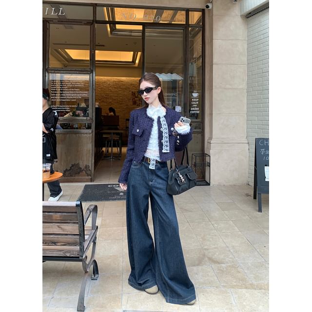 Long-Sleeve Boat Neck Lace Panel Slim Fit Tee / Tweed Button Jacket / Mid Rise Washed Wide Leg Jeans