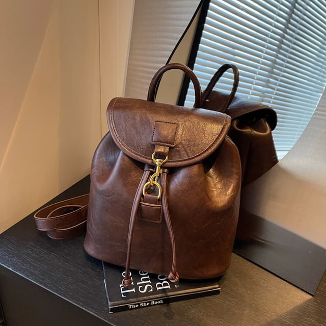 Plain Flap Leather Faux Backpack