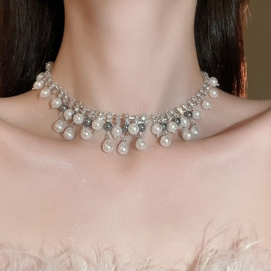 Faux Fringed Necklace Rhinestone Pearl