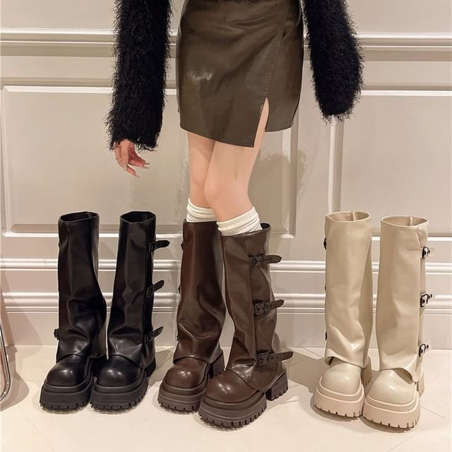 Knee Platform Buckled Boots High Panel