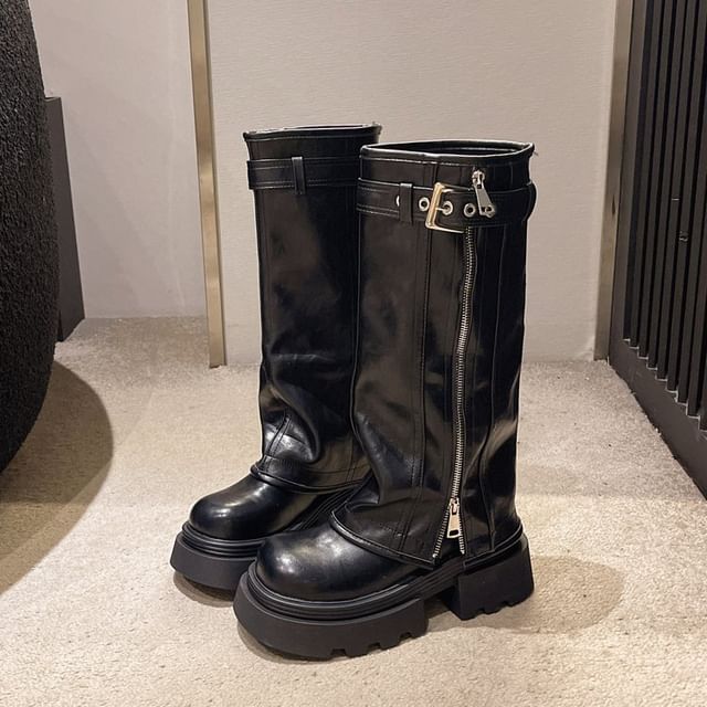 High Knee Panel Buckled Platform Boots Zip