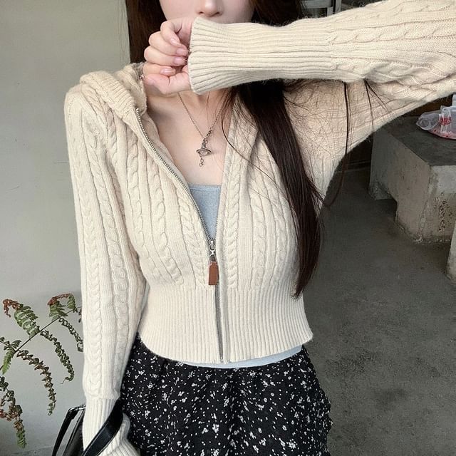 Hooded Cable-Knit Zip-Up Cropped Cardigan