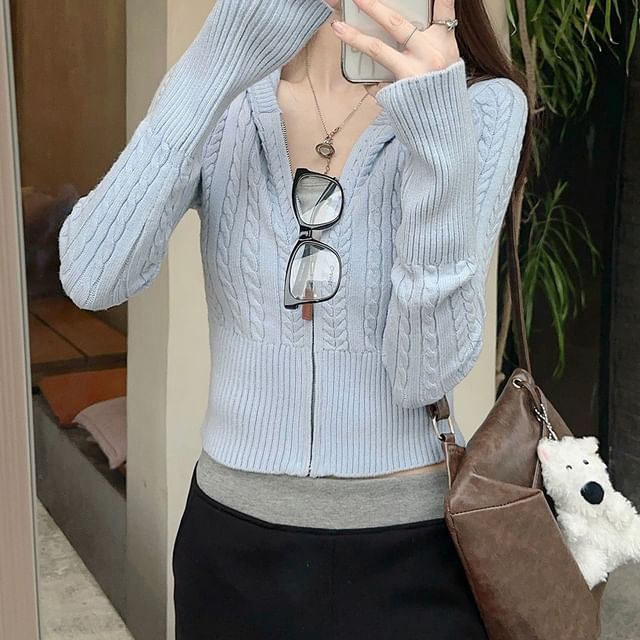 Hooded Cable-Knit Zip-Up Cropped Cardigan