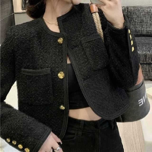 Crew Neck Plain Button-Up Tweed Crop Jacket