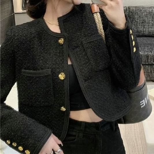 Crew Neck Plain Button-Up Tweed Crop Jacket