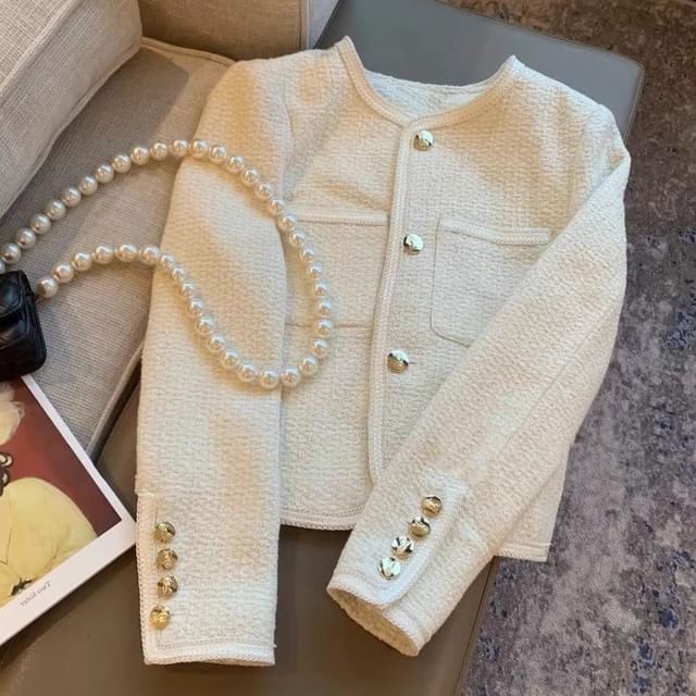 Crew Neck Plain Button-Up Tweed Crop Jacket