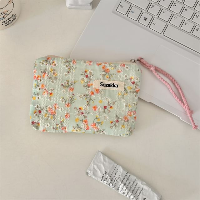 Lettering Floral Print Cosmetic Pouch