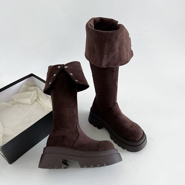 Over The Platform Suede Boots Button Buckled Knee Faux