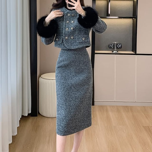 Set: Fluffy Cuff Round Neck Quilted Lining Tweed Double Breasted Jacket + High Rise Midi Pencil Skirt