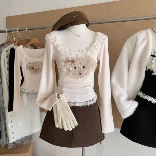 Patterned Ruffle Neck Panel Sleeve Long Scoop Cartoon Top