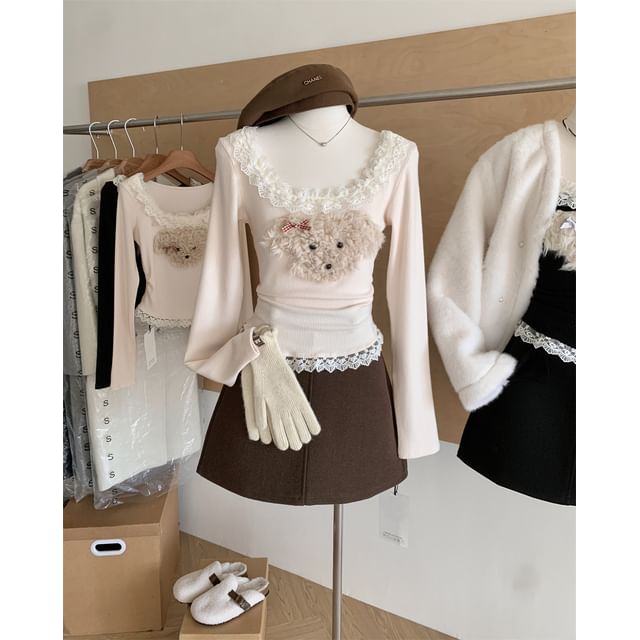 Patterned Ruffle Neck Panel Sleeve Long Scoop Cartoon Top