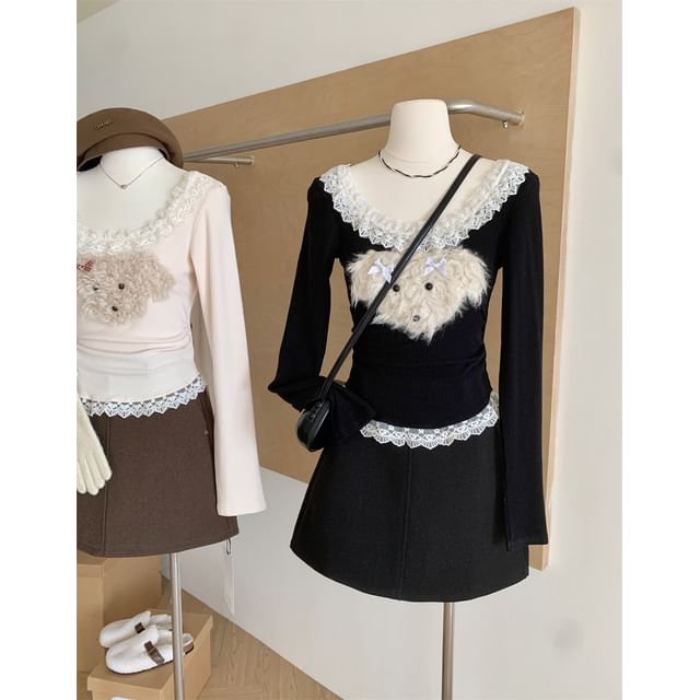 Patterned Ruffle Neck Panel Sleeve Long Scoop Cartoon Top