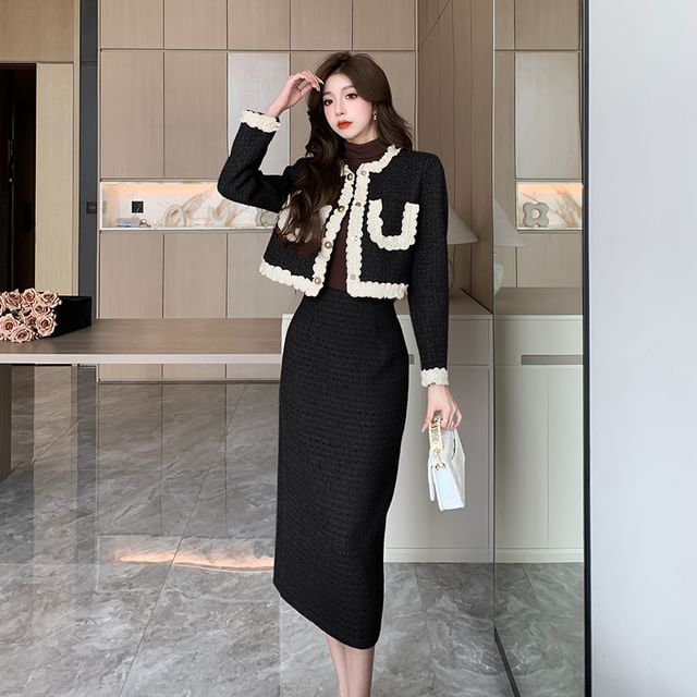 Set: Lace Trim Button-Up Jacket + High Rise Tweed Midi Pencil Skirt