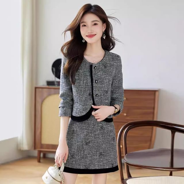 Set: Round Neck Tweed Button Jacket + High Waist Mini A-Line Skirt