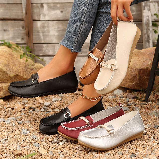Buckled Leather Plain Slip-Ons Faux