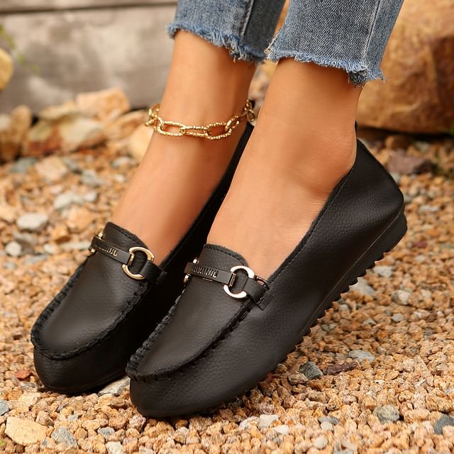 Buckled Leather Plain Slip-Ons Faux
