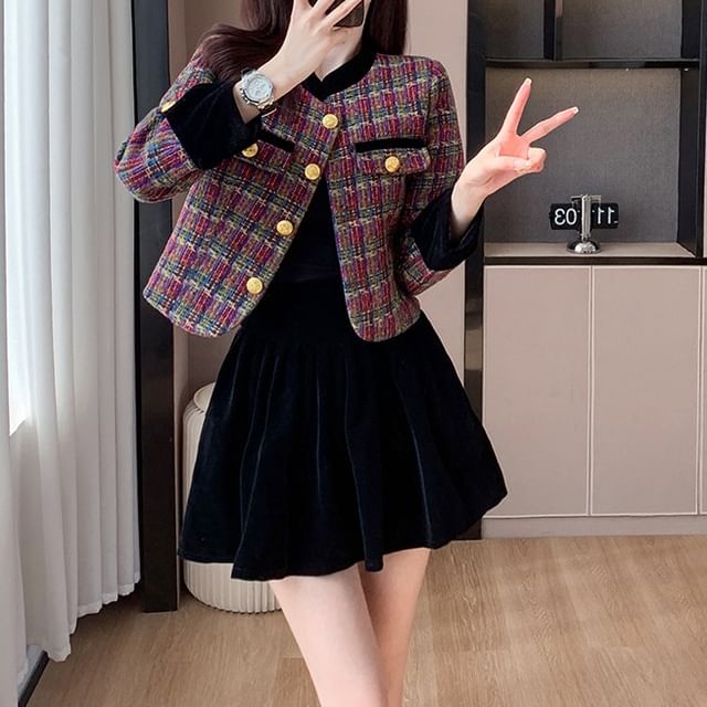 Round Neck Plaid Tweed Button Jacket / High Waist Plain Velvet Mini A-Line Skirt / Set