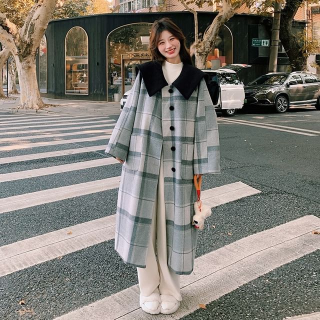 Collared Plaid Button-Up Long Coat