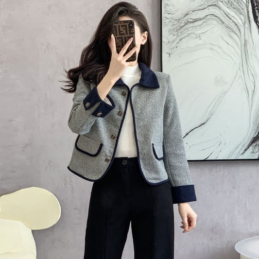 Lapel Collar Two Tone Button Cropped Tweed Jacket