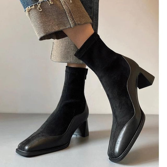 Boots Faux Block Heel Short Leather