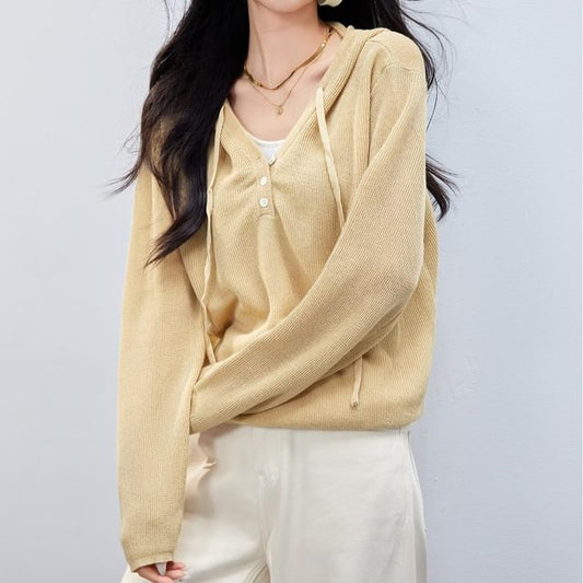 Two Hoodie Mock Two-Piece V-Neck Knit Tone