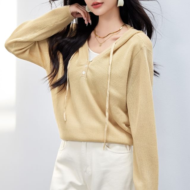 Two Hoodie Mock Two-Piece V-Neck Knit Tone