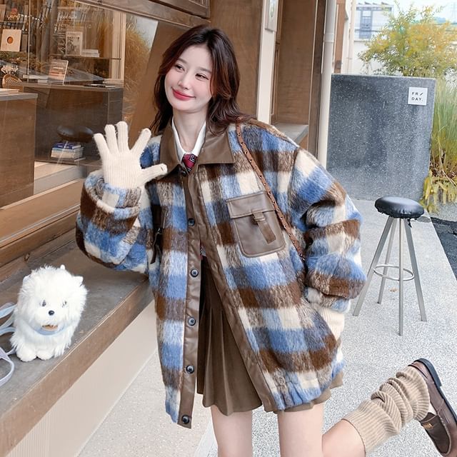 Collared Plaid Button-Up Jacket