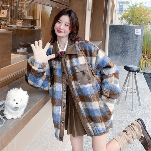 Collared Plaid Button-Up Jacket